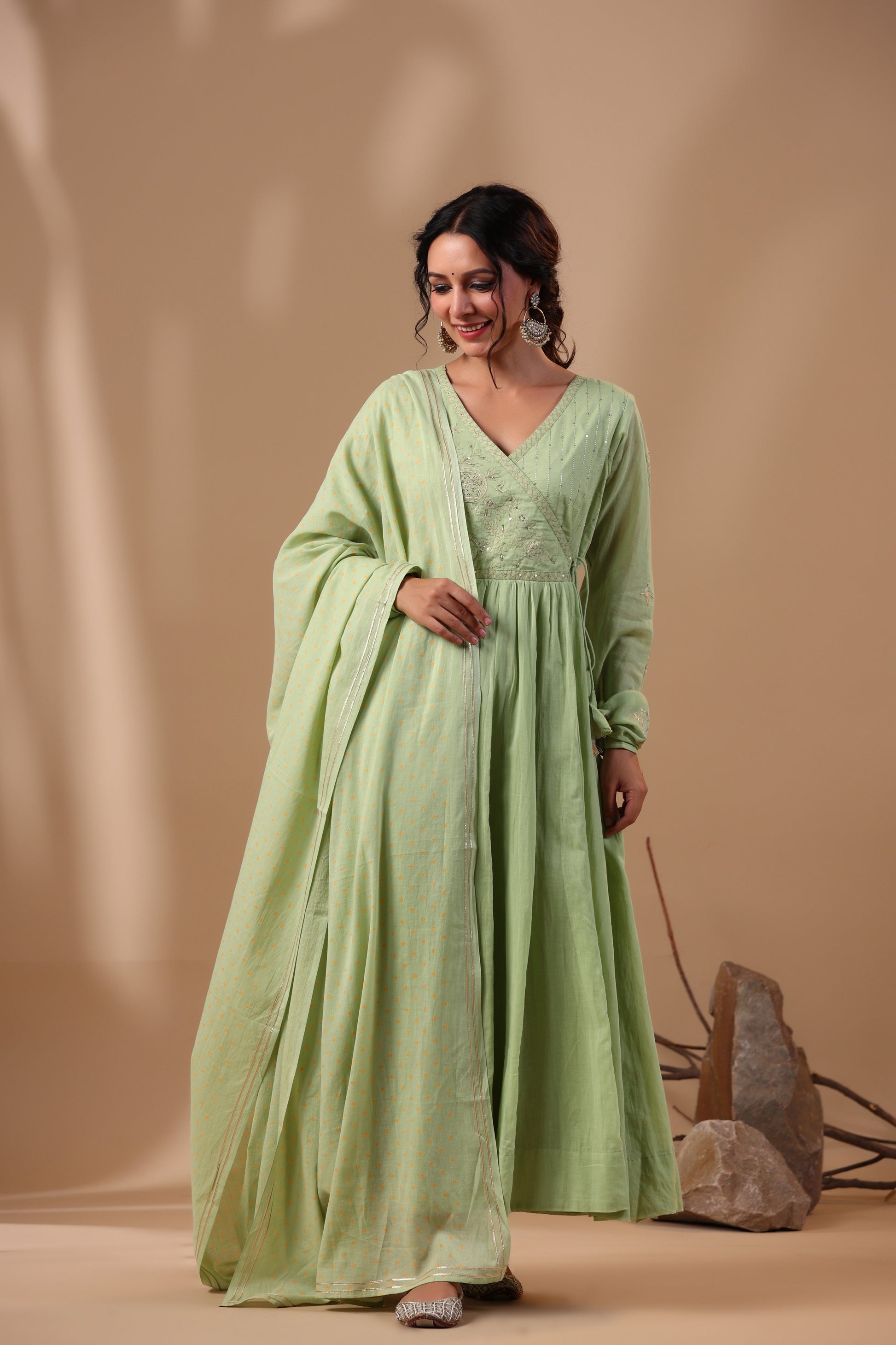 Pista Green Anarkali Set Sunehari Dhaga Pista Green Anarkali Set Sunehari Dhaga