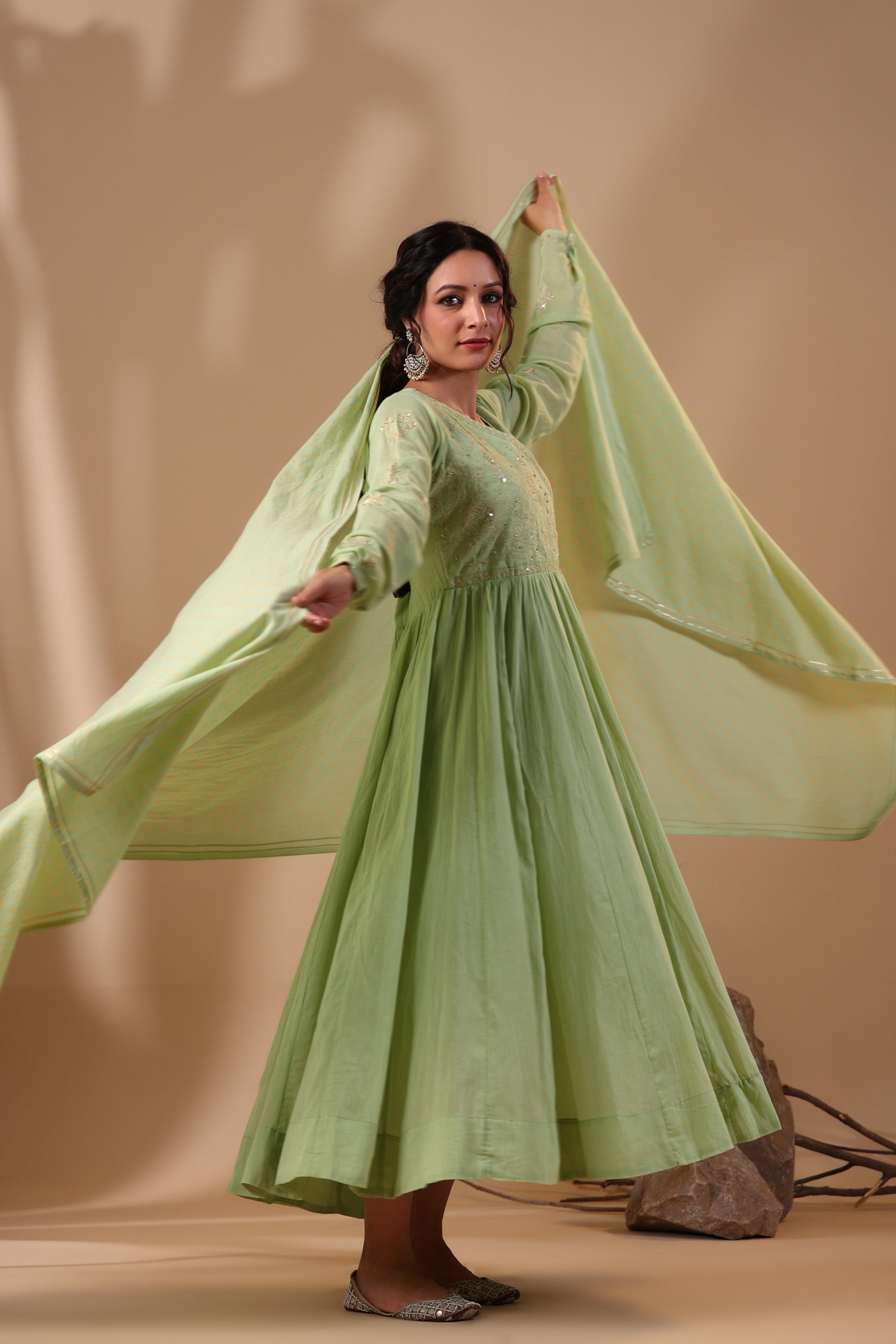 Pista Green Anarkali Set Sunehari Dhaga Pista Green Anarkali Set Sunehari Dhaga