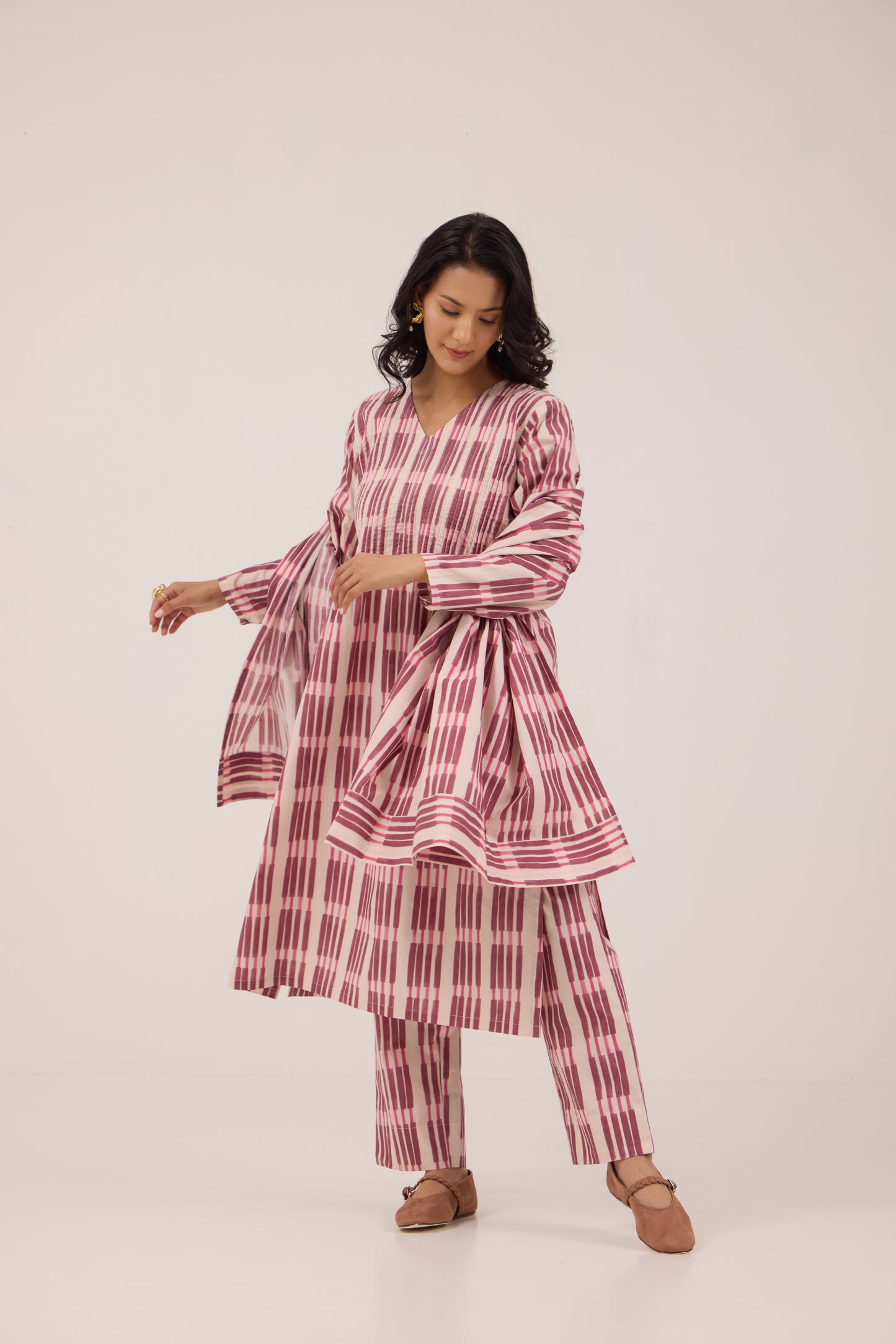 BERRY STRIPE PINTUCK SET with Dupattta