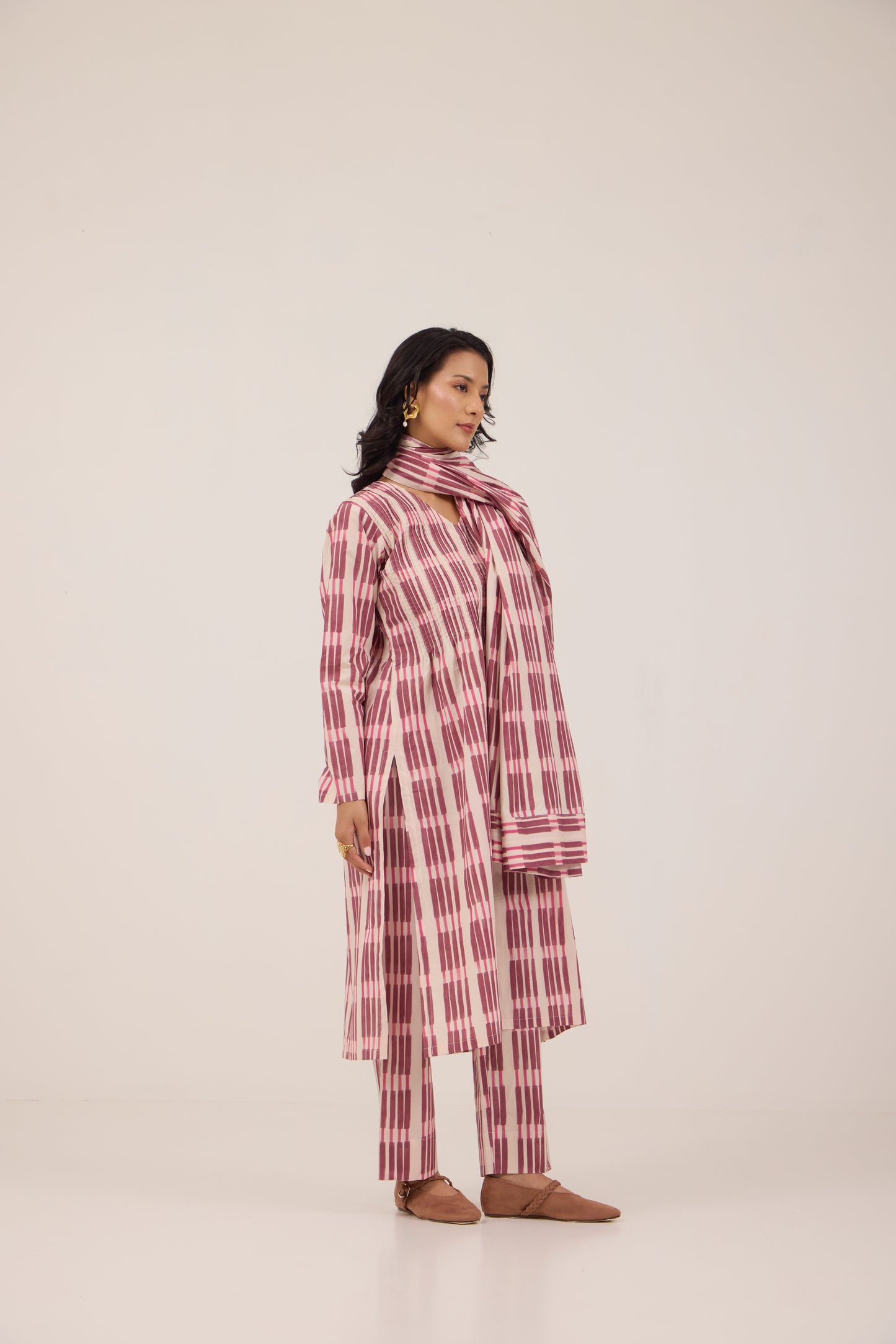 BERRY STRIPE PINTUCK SET with Dupattta